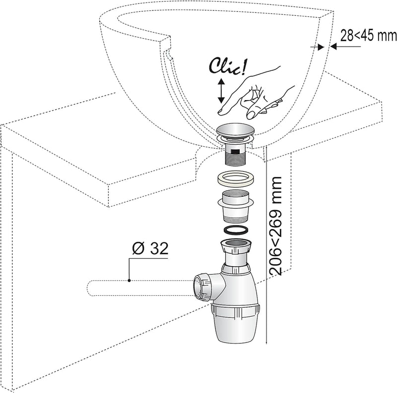 Wirquin Quick-Clac SP50099 Ablaufgarnitur/Siphon mit/mit Stopper/Chrom Einzigartig, Einzigartig