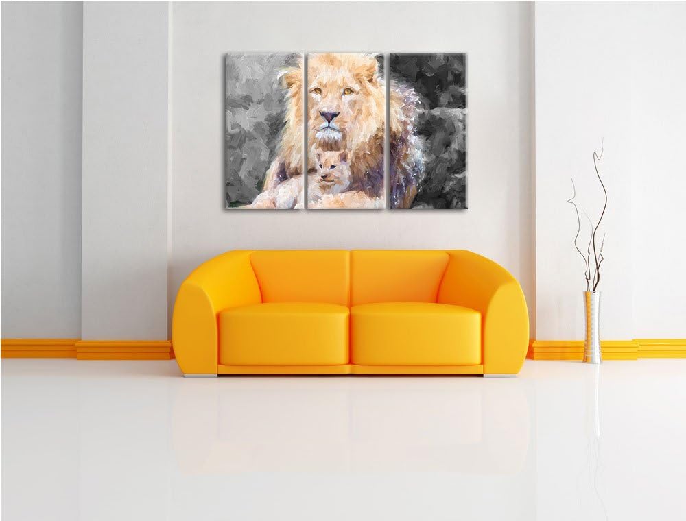 prächtiger Löwe kuschelt mit Jungtier schwarz/weiss Deluxe 3-Teiler Leinwandbild 120x80 Bild auf Lei