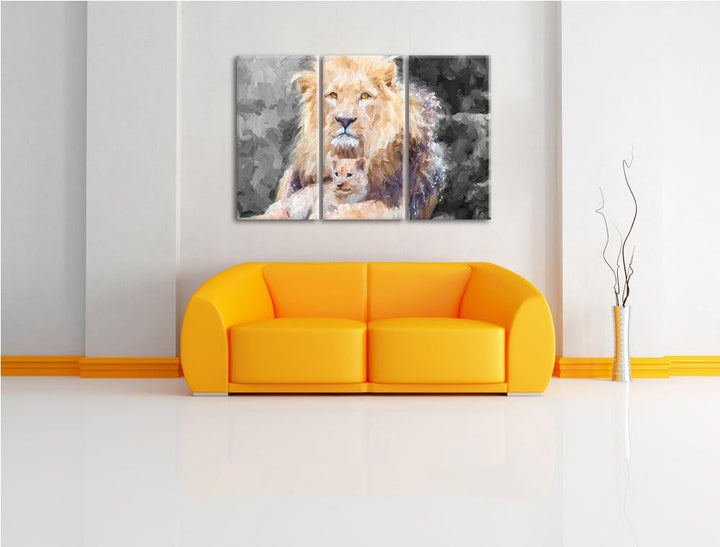 prächtiger Löwe kuschelt mit Jungtier schwarz/weiss Deluxe 3-Teiler Leinwandbild 120x80 Bild auf Lei