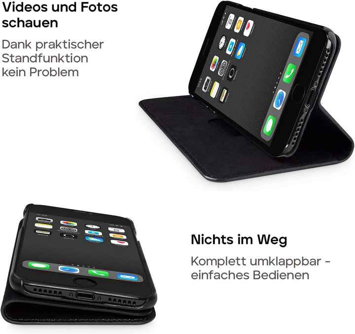 WIIUKA Lederhülle Hülle für iPhone SE (2022/2020) / iPhone 8/7, extra Dünn, Kartenfach, Tasche Schwa