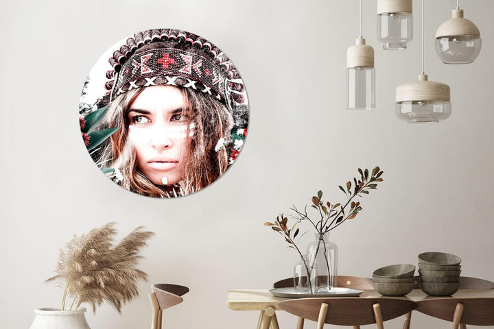 MuchoWow Wandbild Rund Wanddeko Deko Wohnzimmer Bilder 90x90 cm Frau - Blumen - Indischer Kopfschmuc