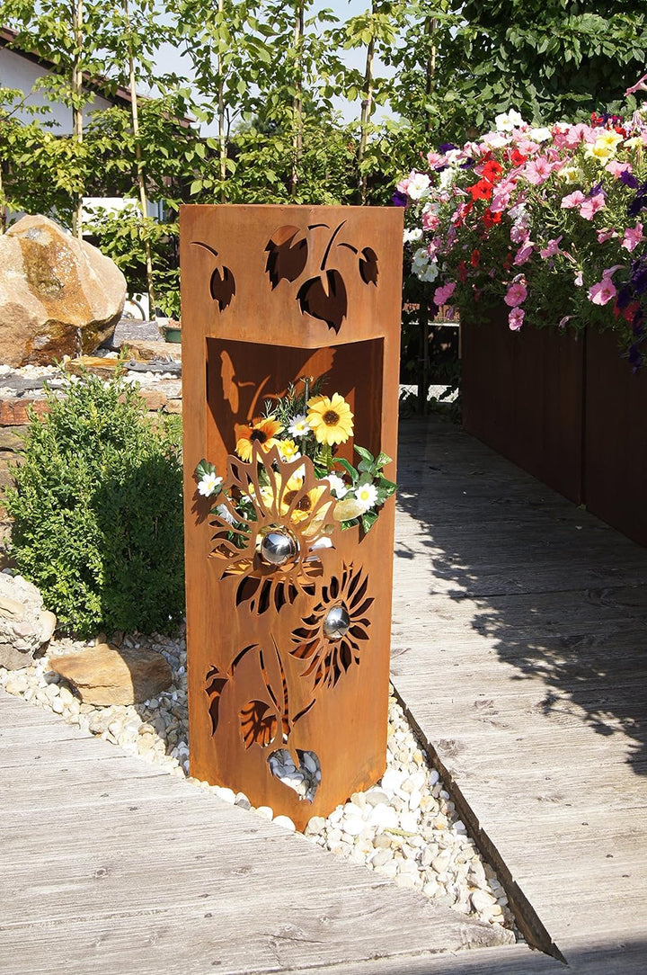Feuersäule Sonnenblume Edelrost Rost Metall Gartendeko Garten Stele Fackel Feuer Säule