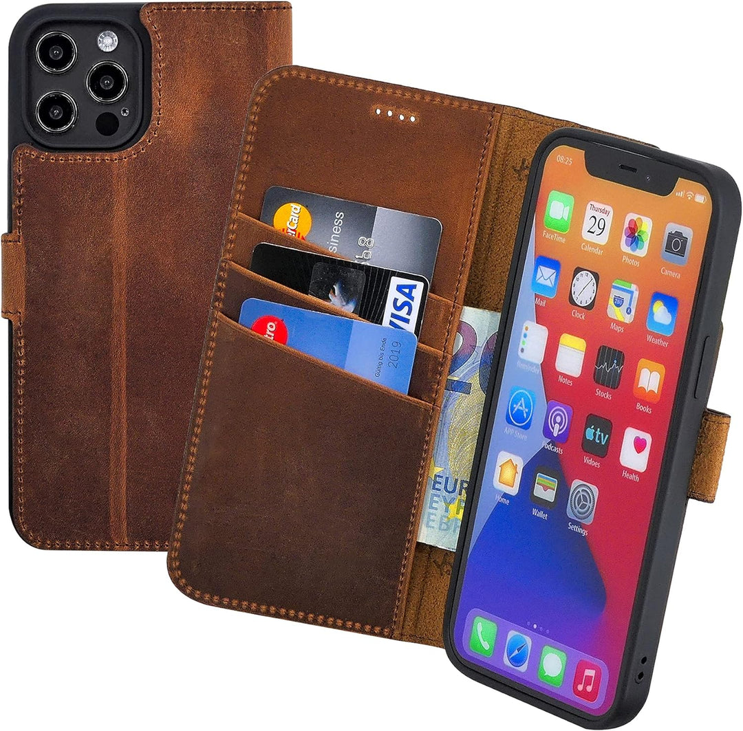 Suncase Book-Style Hülle kompatibel mit iPhone 12 Pro (6.1") Leder Tasche (Slim-Fit) Lederhülle Hand