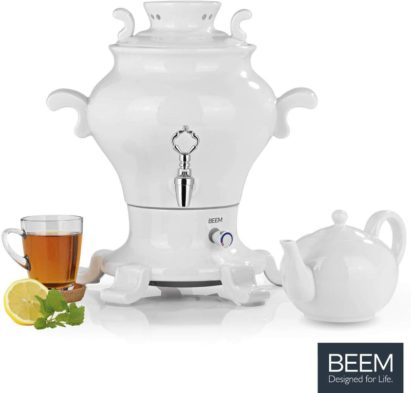 BEEM ODETTE BLANC Samowar - 5 l | Porzellan | 1800 W | 1 L Teekanne mit Sieb Edelstahl | 5 L Heisswa