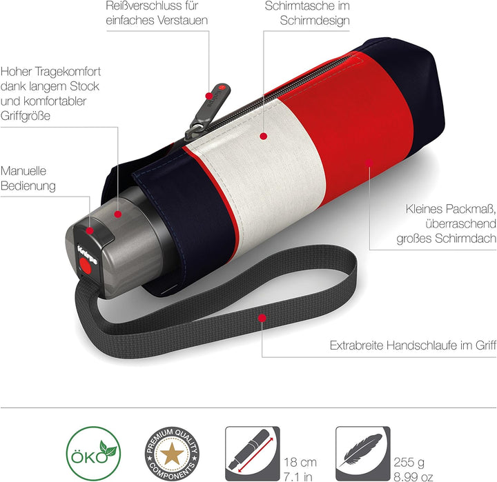 Knirps T.010 Taschenschirm Manual Stripe Red - inkl. Futteral im Schirmdesign - kleines Packmass - E
