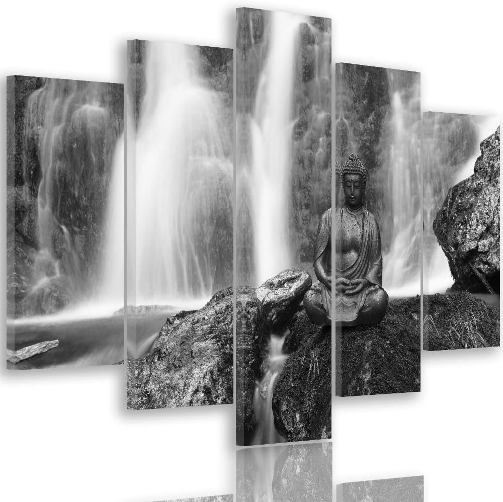 Feeby Leinwandbild Buddha 5 TLG Bild Kunstdruck Wasserfall Natur Schwarzweiss 100x70 cm Leinwandbild