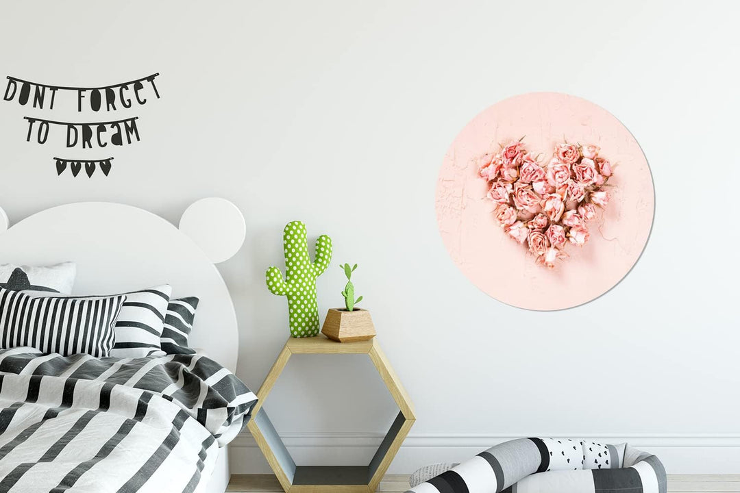 MuchoWow Wandbild Rund Wanddeko Deko Wohnzimmer Bilder 60x60 cm Herz - Blumen - Rosa, 60x60 cm