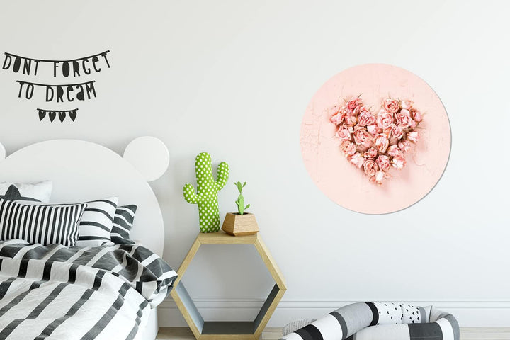MuchoWow Wandbild Rund Wanddeko Deko Wohnzimmer Bilder 60x60 cm Herz - Blumen - Rosa, 60x60 cm