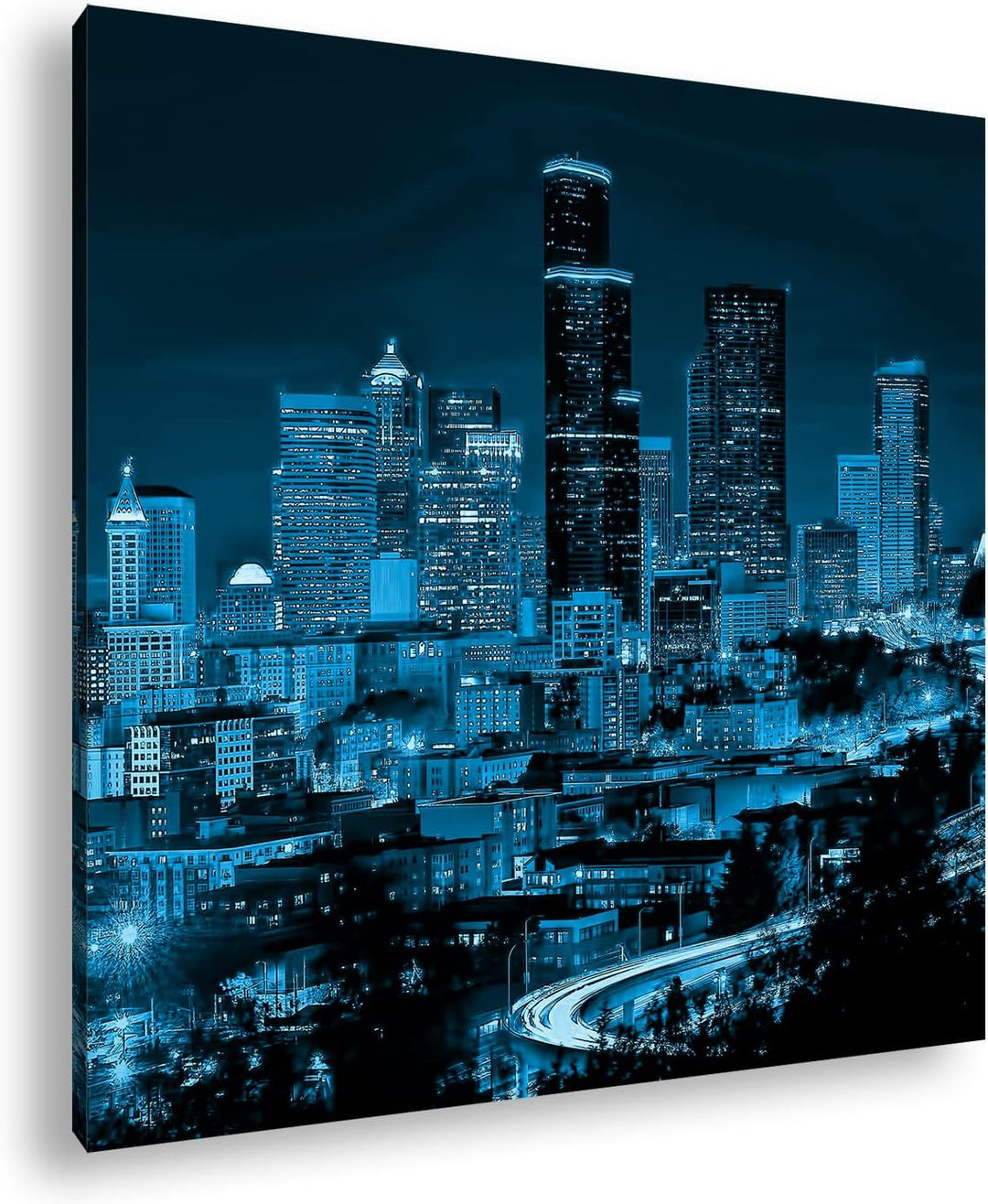 deyoli belebte Skyline von Seattle bei Nacht Format: 60x60 Effekt: Monocrome Blau als Leinwandbild,