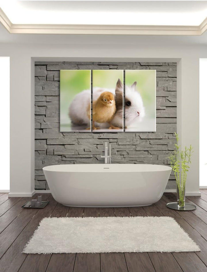 Pixxprint kleines Küken mit süssem Häschen 3-Teiler Leinwandbild 120x80 Bild auf Leinwand