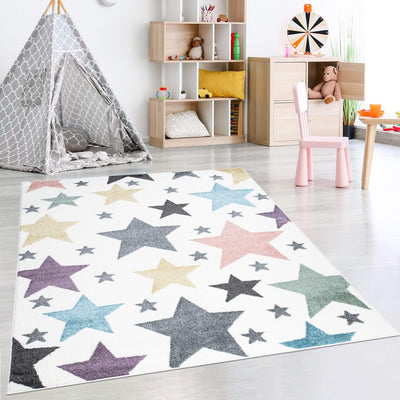 payé Teppich Kinderzimmer - Cream Bunt - 140x200cm - Sterne in Pastellfarben Sternenteppich Spieltep