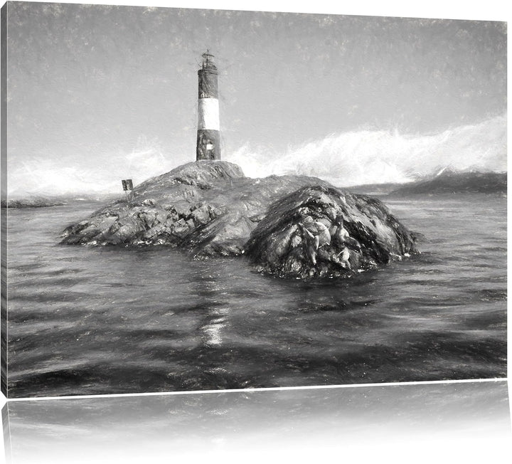 Pixxprint Leuchtturm mit Robben auf Kleiner Insel im Meer Kohle Zeichnung Effekt, Format: 100x70 auf