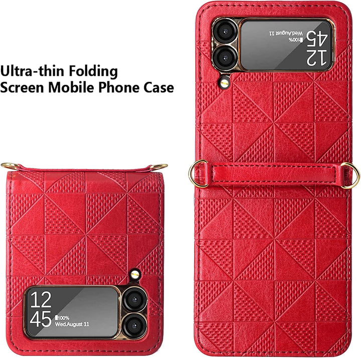 Hülle für Galaxy Z Flip 3 5G,Ultradünne Stossfeste Leder-Handyhülle mit Schultergurt kompatibel mit