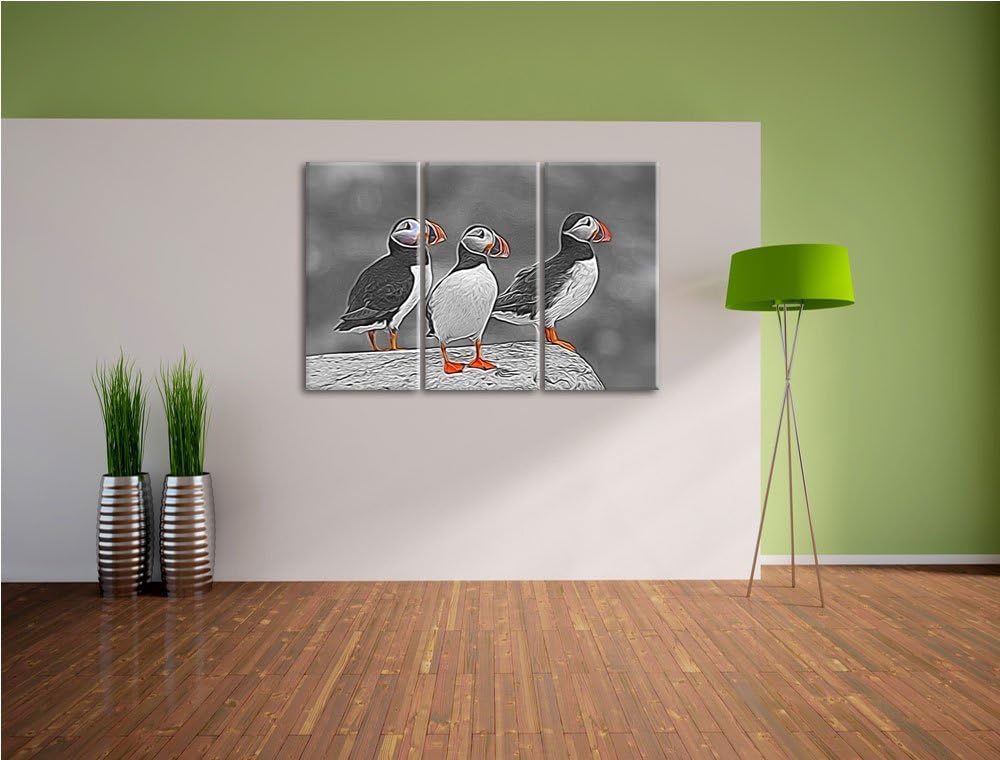 elegante Papageitaucher auf Felsen schwarz/weiss Spezial 3-Teiler Leinwandbild 120x80 Bild auf Leinw