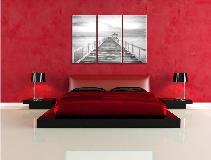Pixxprint Steg ins Meer bei Sonnenuntergang Kohle Zeichnung Effekt 3-Teiler Leinwandbild 120x80 Bild