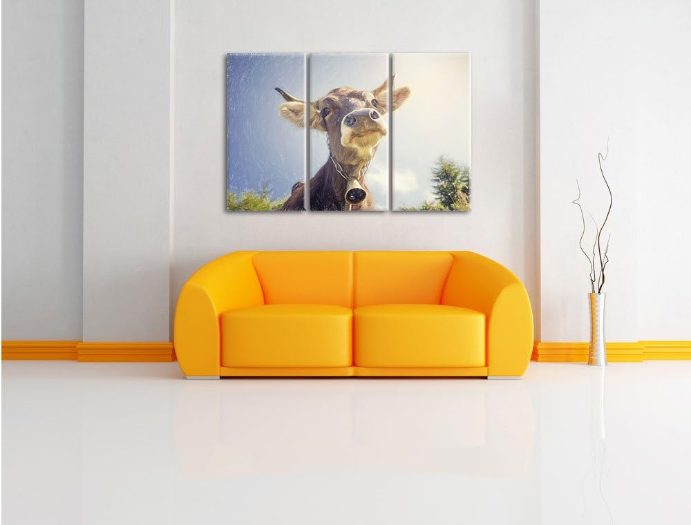 Pixxprint Lustiges Portrait Einer Kuh als Leinwandbild | Grösse: 3 Teilig (120x80) | Wandbild| Kunst