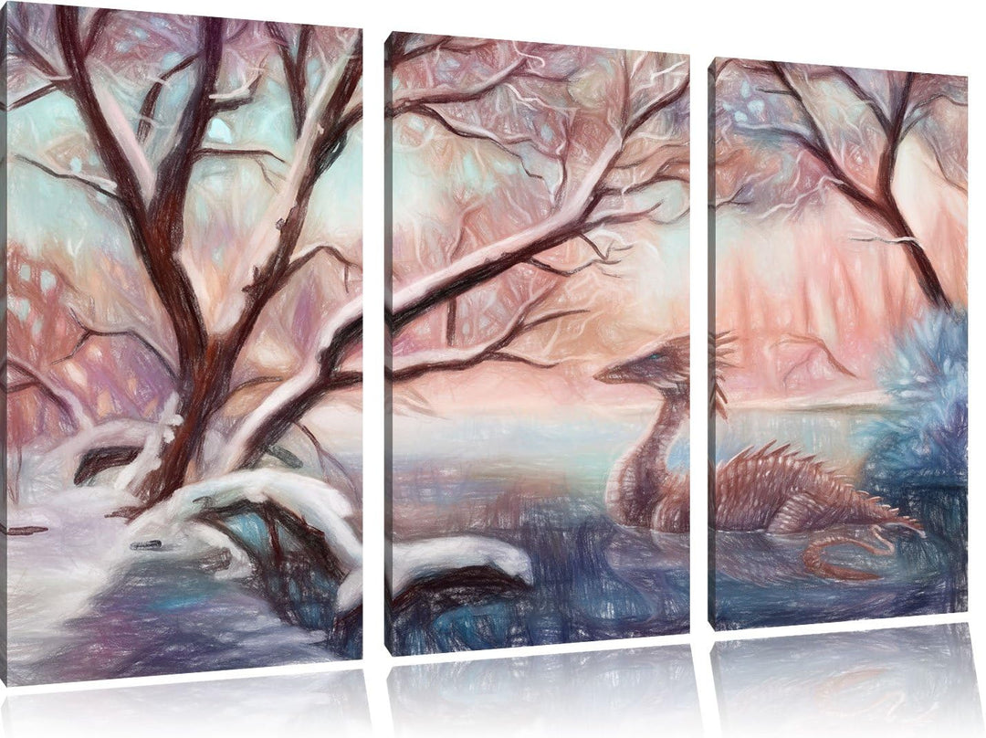 Pixxprint Drache im Wald als Leinwandbild/Grösse: 3 Teilig (120x80 cm) cm/Wandbild/Kunstdruck/fertig