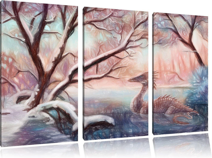 Pixxprint Drache im Wald als Leinwandbild/Grösse: 3 Teilig (120x80 cm) cm/Wandbild/Kunstdruck/fertig