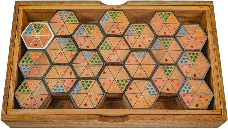 LOGOPLAY Hexadomino - Hexamino - Sechseck-Domino - Legespiel - Gesellschaftsspiel aus Holz mit 63 Sp