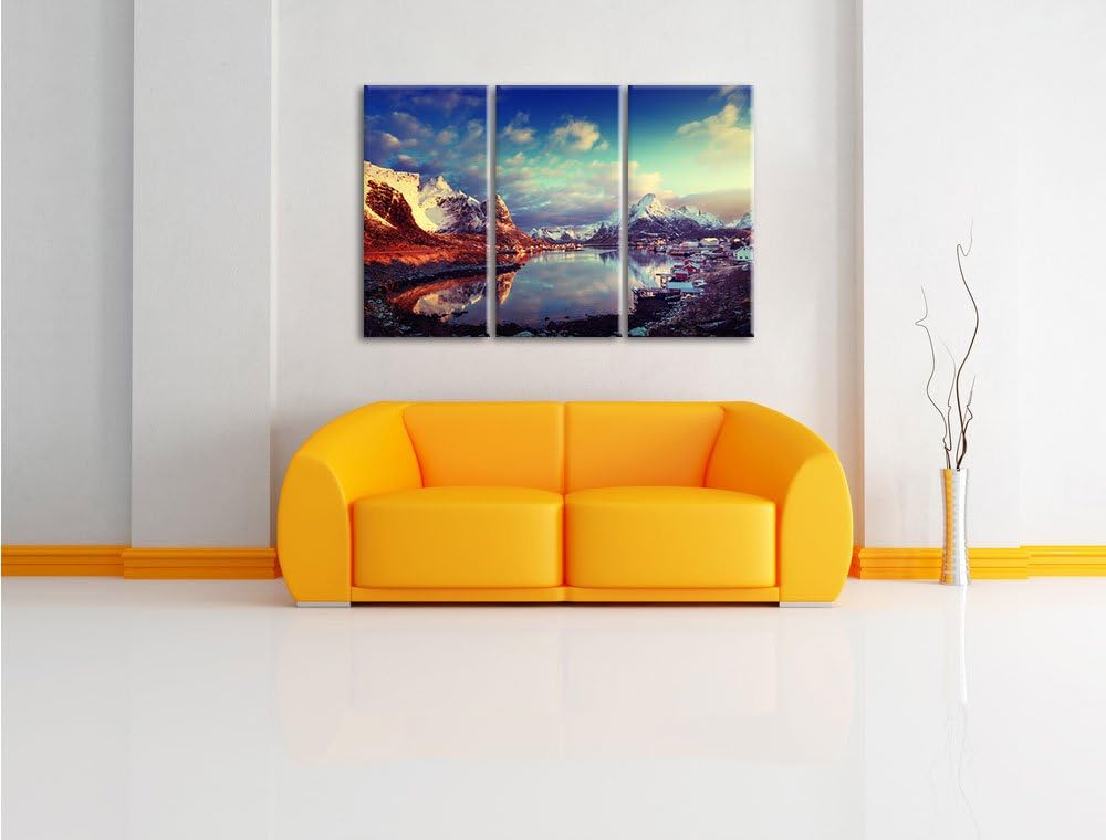Pixxprint Schneelandschaft in einem Dorf in Norwegen 3-Teiler Leinwandbild 120x80 Bild auf Leinwand