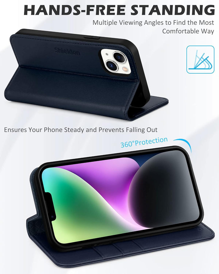 SHIELDON Hülle für iPhone 14 Plus 5G, Schuzhülle [Echtleder] [Kartenfach] [Verdicht TPU], Magnetisch
