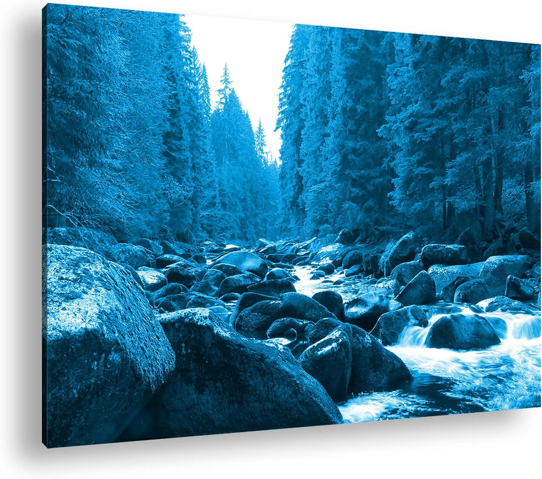 deyoli idyllischer Fluss im Wald Format 80x60 Effekt: Monocrome Blau als Leinwandbild, Motiv fertig