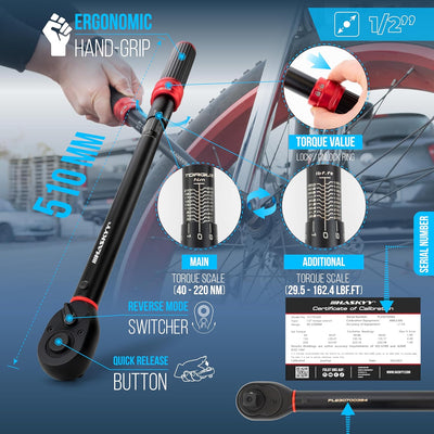 HASKYY Drehmomentschlüssel 1/2" 40-220Nm Schoneinsätze SW 17, 19, 21mm inkl. Verlängerungsadapter Dr