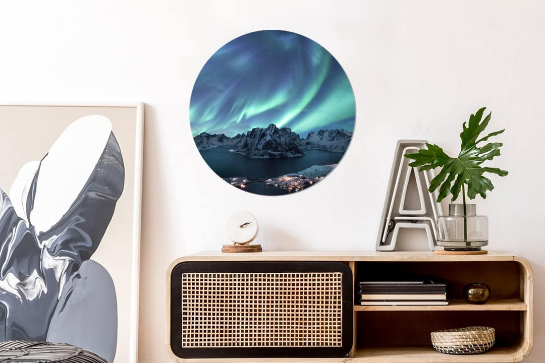 MuchoWow Wandbild Rund Wanddeko Deko Wohnzimmer Bilder 60x60 cm Nordlichter - Grün - Meer, 60x60 cm