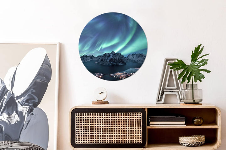 MuchoWow Wandbild Rund Wanddeko Deko Wohnzimmer Bilder 60x60 cm Nordlichter - Grün - Meer, 60x60 cm