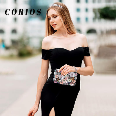 CORIOS Damen Blumen Abendtasche Shiny Strass Clutch Tasche Hochzeit Bag Kette Handtasche Elegante Sc