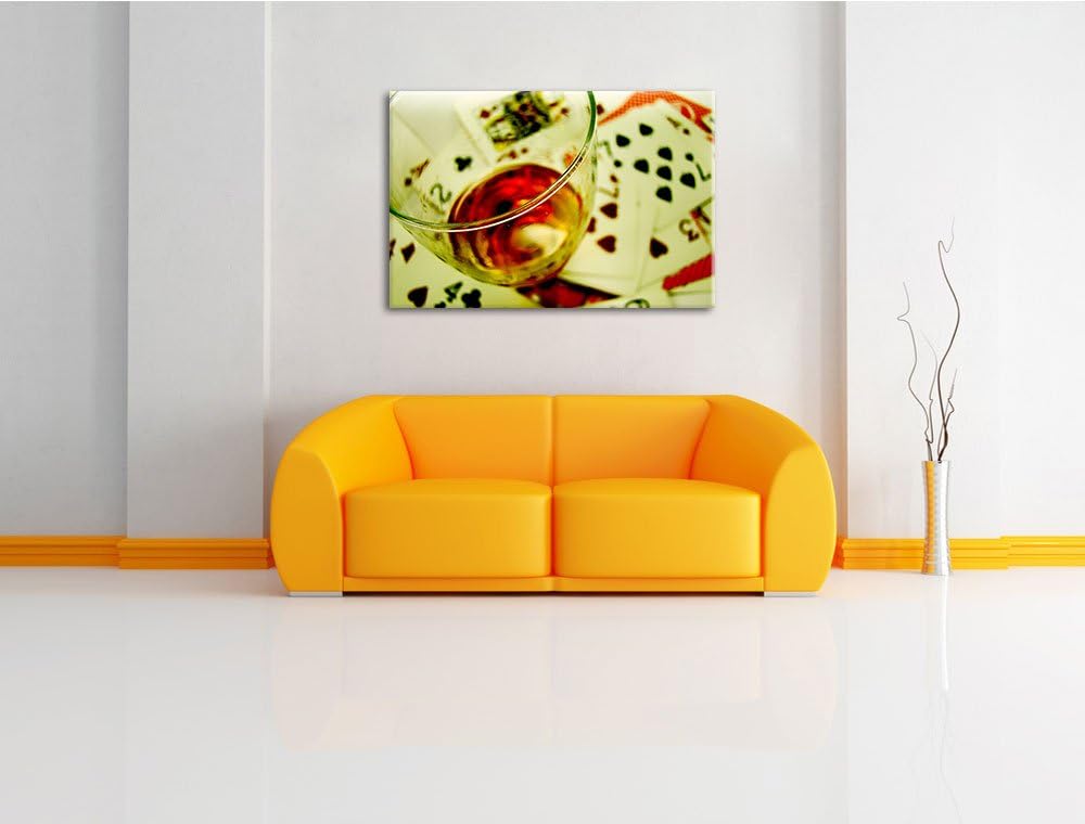 Pixxprint Glas Wein auf Spielkarten auf Leinwand, XXL riesige Bilder fertig gerahmt mit Keilrahmen,