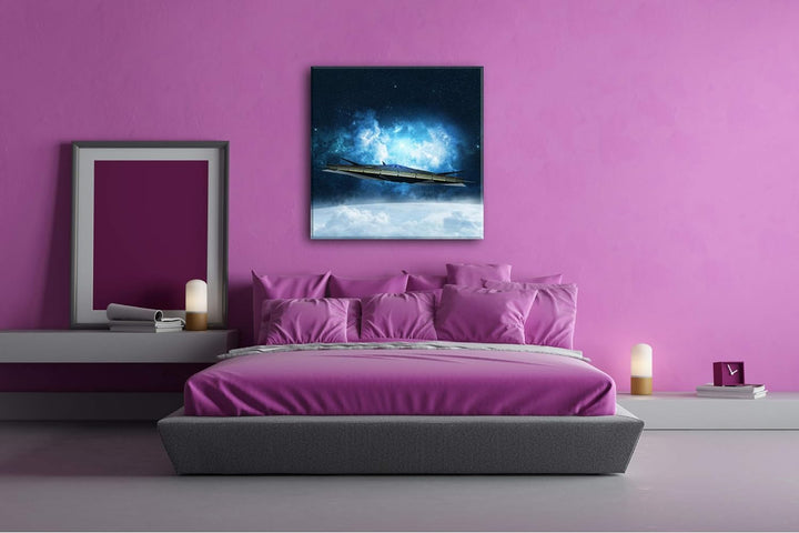 deyoli beeindruckendes Raumschiff im Universum Format: 70x70 als Leinwand, Motiv fertig gerahmt auf