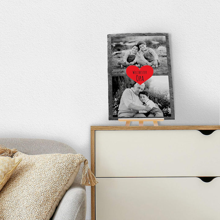 wandmotiv24 Schiefertafel Bester Opa mit Holz-Staffelei, Personalisiert mit 2 Schwarzweiss-Fotos, Di