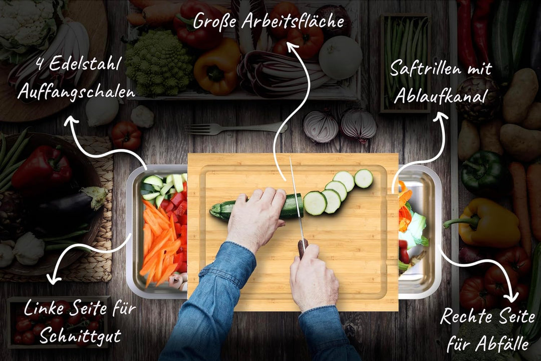 MARINDO Schneidebrett mit 4x Auffangschalen inkl. Saftrille | Schneidbrett aus Bambus | Auffangwanne