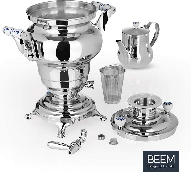 BEEM Samowar Odessa 3 l, Teekocher elektrisch, 1.800 W, Edelstahl, 3 l Wasserbehälter, 1 l Teekanne,