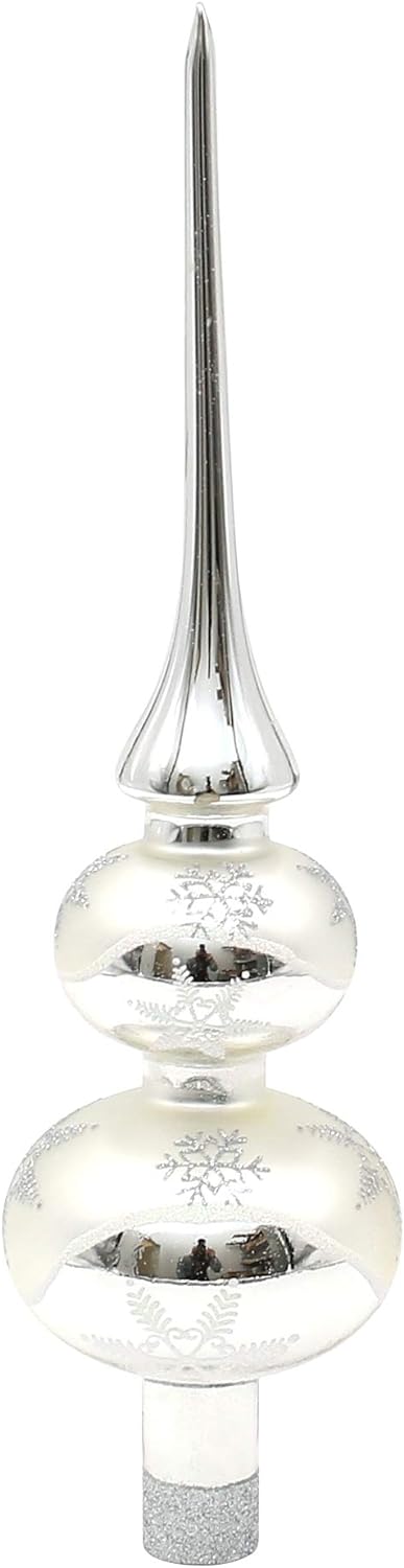 Christbaumspitze Satin Silber glänzend mit Dekor, 30 cm in hochwertiger Geschenkbox Doppelspitze mit