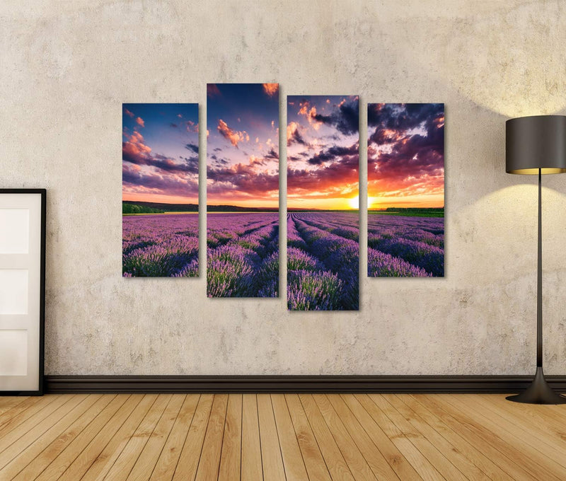 Bild auf Leinwand Lavendel Blumenfelder In Endlosen Reihen Blühen Sonnenuntergang Geschossen Wandbil