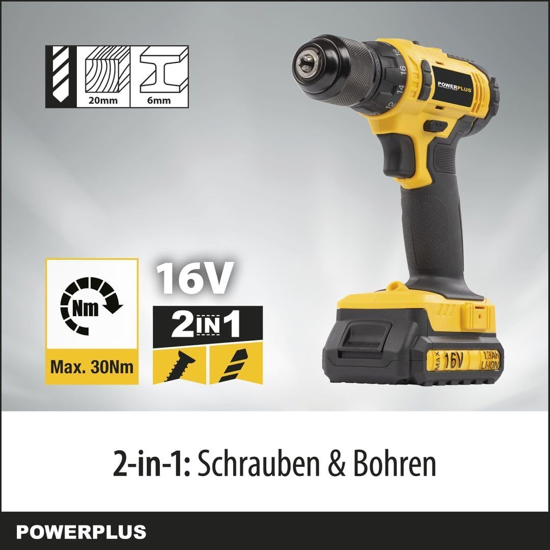 Powerplus Akkuschrauber & Bohrer POWX00425 - Akku Schraubendreher & Bohrer 16V, inkl. 2 x 1,3Ah Akku