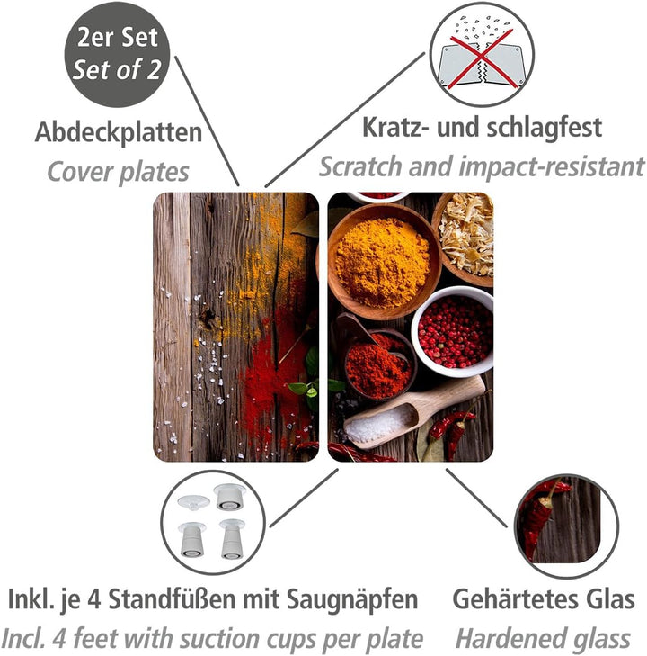 WENKO Glasabdeckplatten Universal XL, 2er Set Herdabdeckplatten mit Gewürz-Motiv aus gehärtetem Glas
