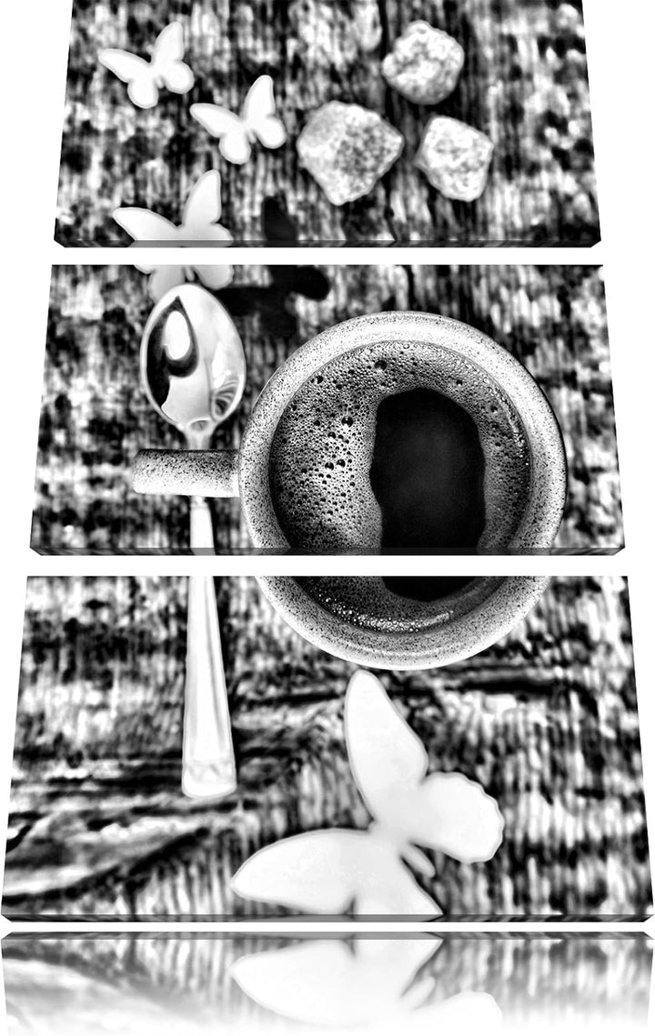 Pixxprint Monocrome, Espresso Schwarze Tasse Butterfly Schmetterling Kaffe 3-Teiler Leinwandbild 120