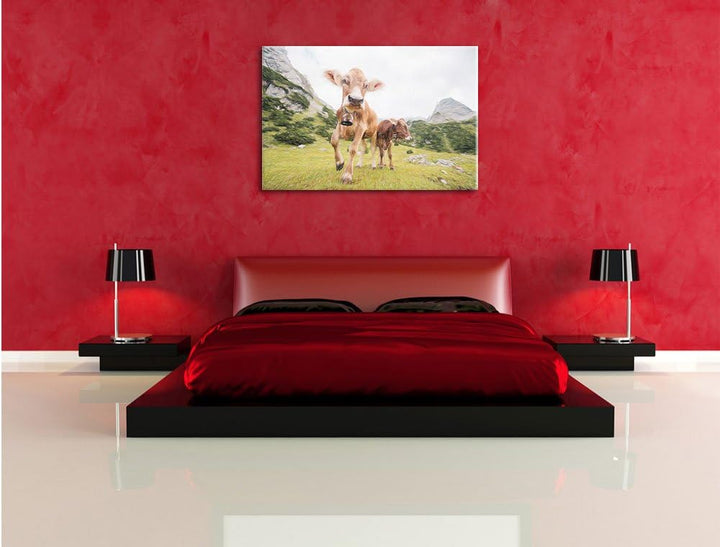 Pixxprint Almkuh auf der Weide als Leinwandbild/Grösse: 100x70 / Wandbild/Kunstdruck/fertig bespannt
