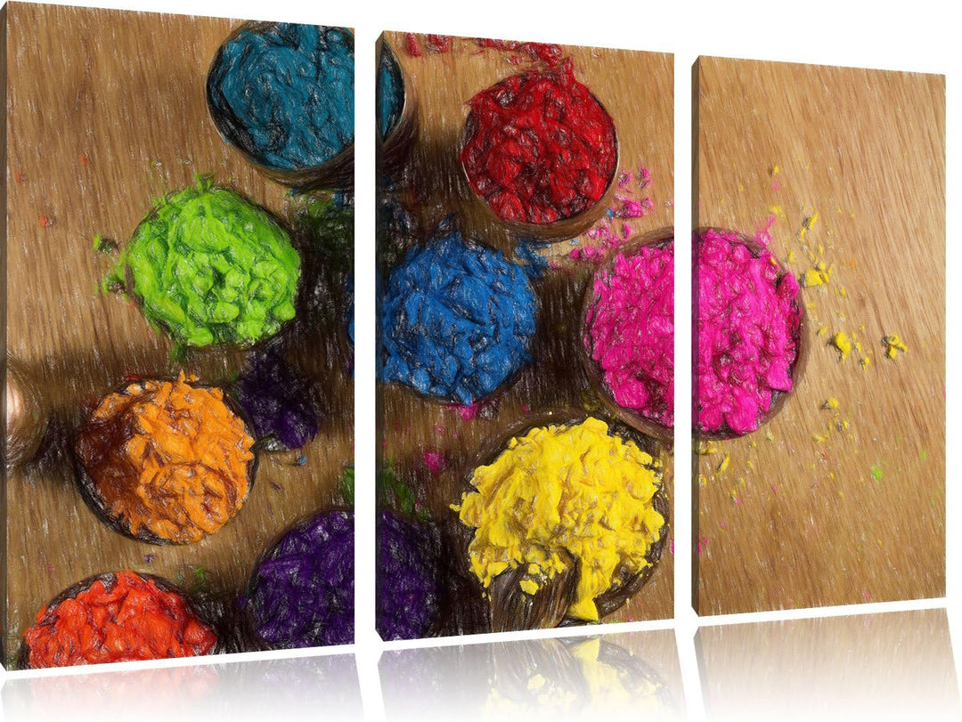 Pixxprint Indisches Farbpulver / 3-Teilig/Gesamtmass 120cm Leinwandbild bespannt auf Holzrahmen/Wand