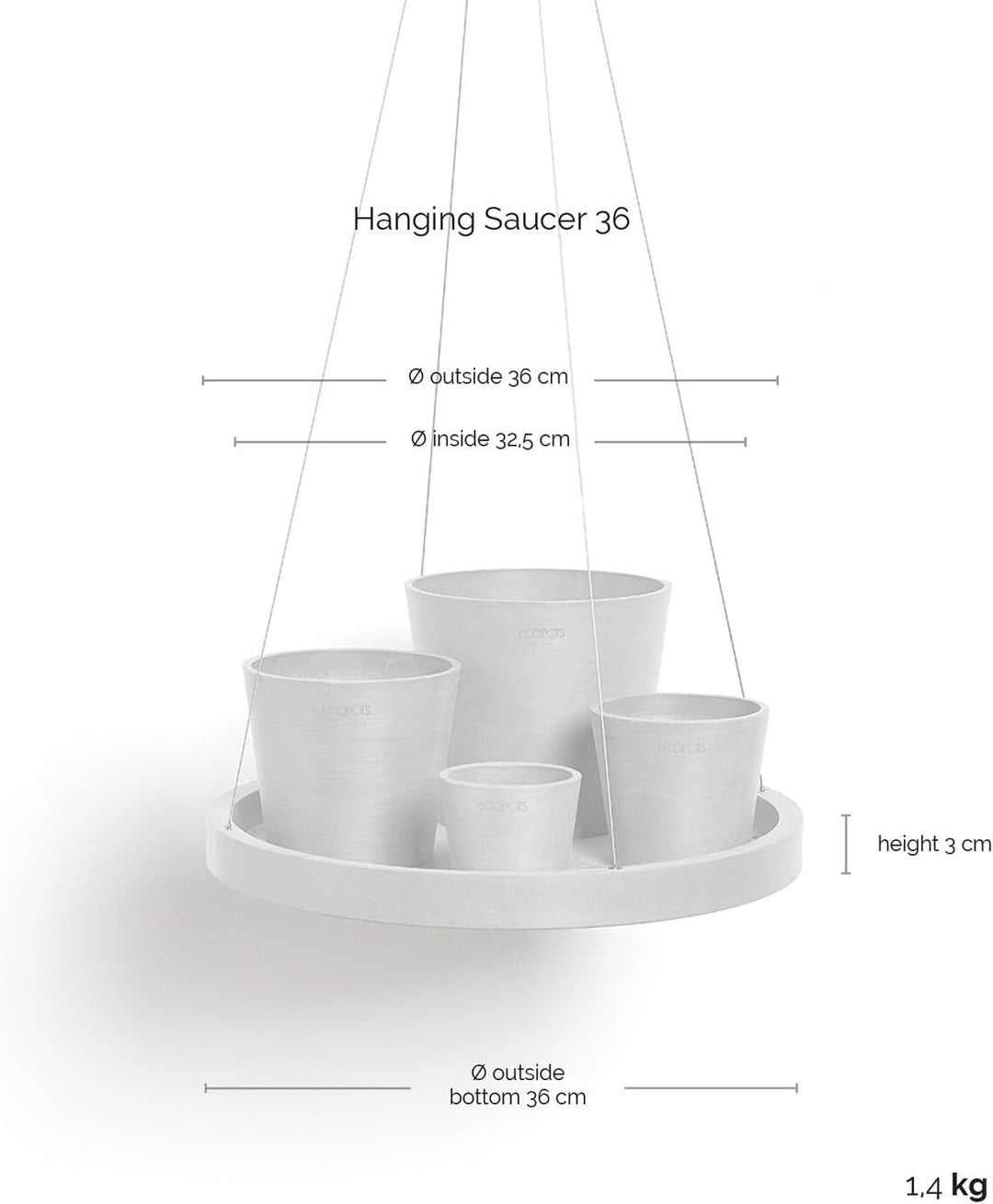 ECOPOTS Untersetzer hängend ø 36 cm grau rund - NUR Topfuntersetzer - OHNE TÖPFE - Unterteller für P