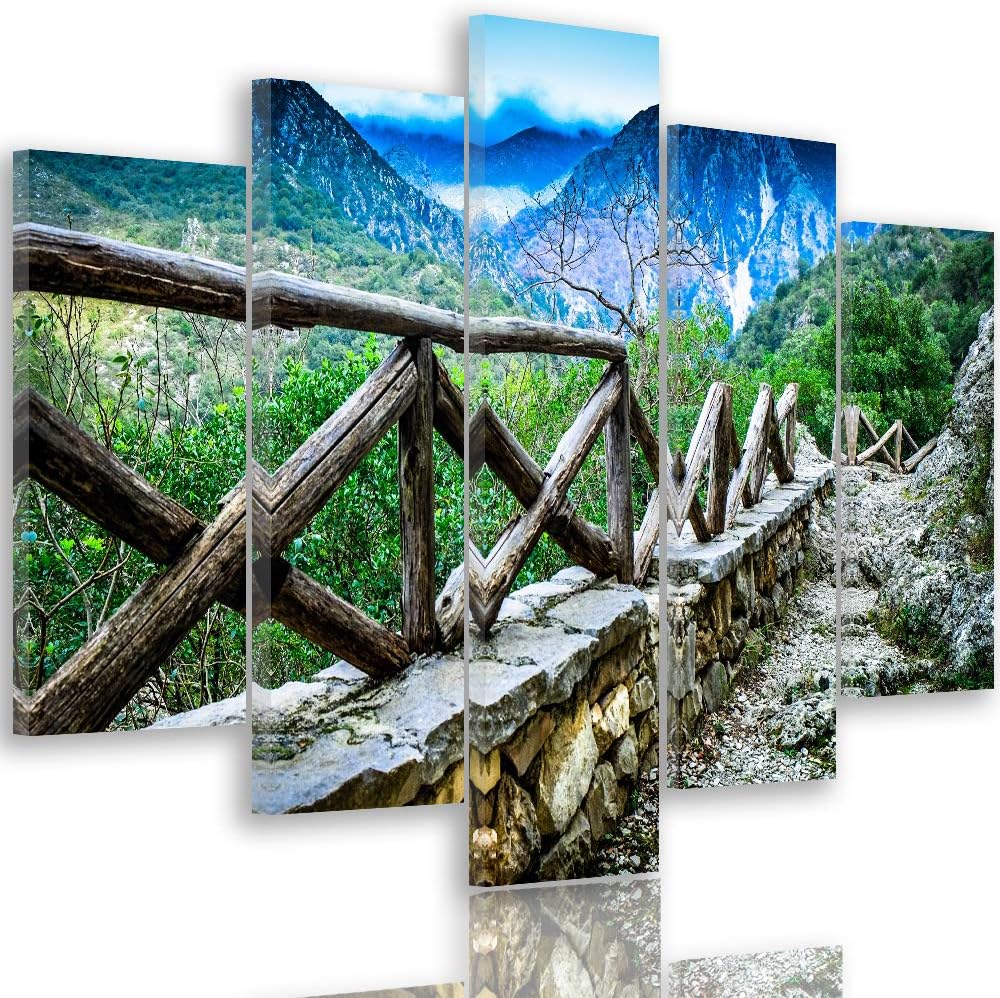 Feeby Bild auf Leinwand Landschaft 5 Teilig Modern Natur Berge Wanderweg grün 150x100 cm Leinwandbil