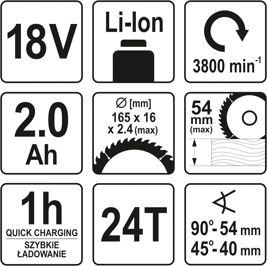 YATO Profi AKKU Handkreissäge 18V | 2,0 Ah Li-Ion Akku | Schnellladegerät | Staubsaugeradapter | Säg