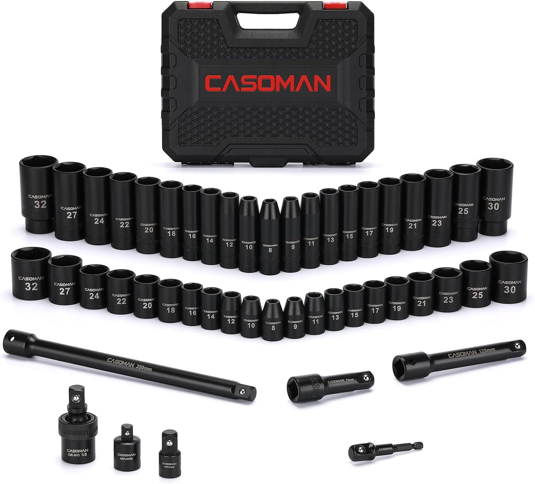 CASOMAN 49PCS 1/2-Inch Drive Impact Socket Set, Deep&Shallow,CR-V, 6 Point, Metric Socket Set, 8mm-3