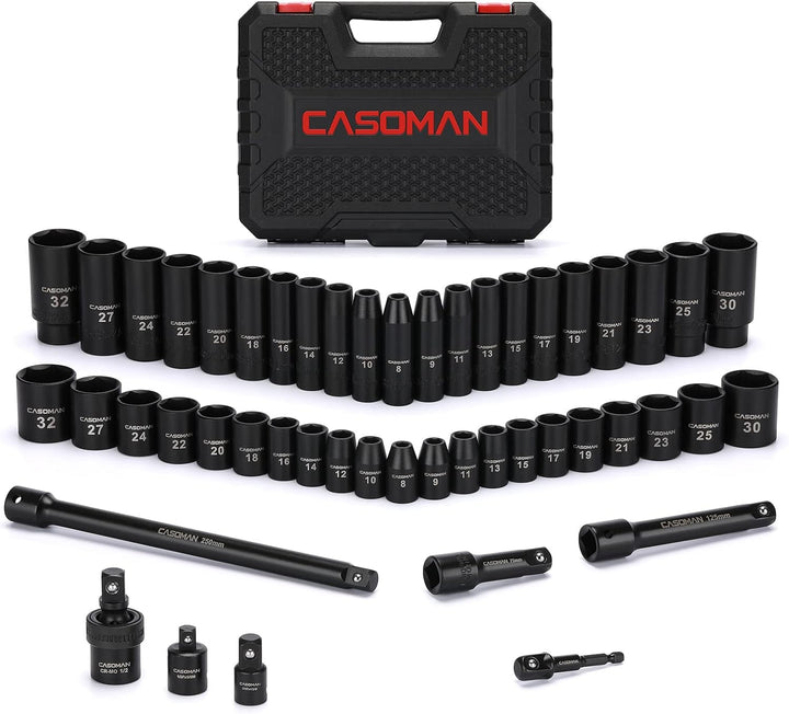 CASOMAN 49PCS 1/2-Inch Drive Impact Socket Set, Deep&Shallow,CR-V, 6 Point, Metric Socket Set, 8mm-3