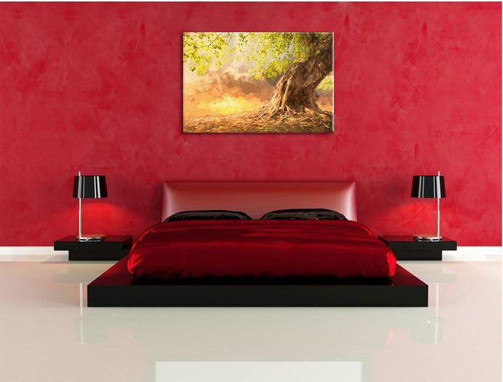 Pixxprint Verwurzelter starker Baum im Sonnenuntergang Kunst Pinsel Effekt, Format: 100x70 auf Leinw