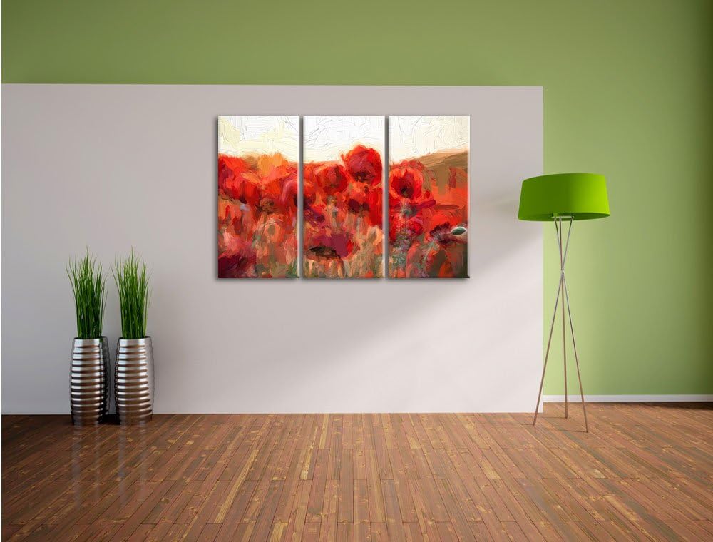 Pixxprint Feuriger Mohn Kunst / 3-Teilig/Gesamtmass 120cm Leinwandbild bespannt auf Holzrahmen/Wandb