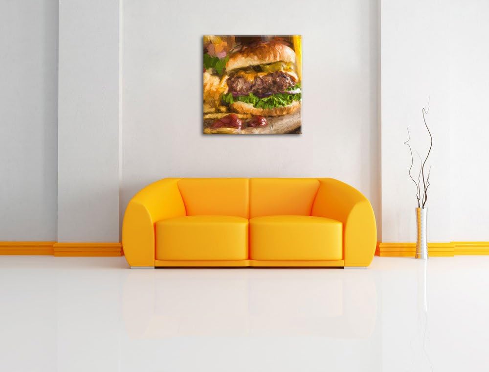 Pixxprint Saftiger Chili Cheese Burger als Leinwandbild | Grösse: 70x70 cm | Wandbild | Kunstdruck |